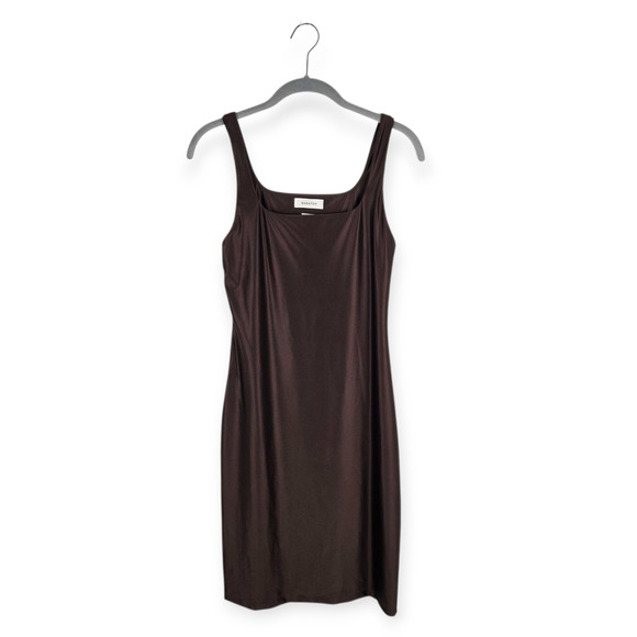 Aritzia Babaton Rich Mocha Brown Satinette Squareneck Mini Dress Sz S Bodycon - Picture 1 of 7
